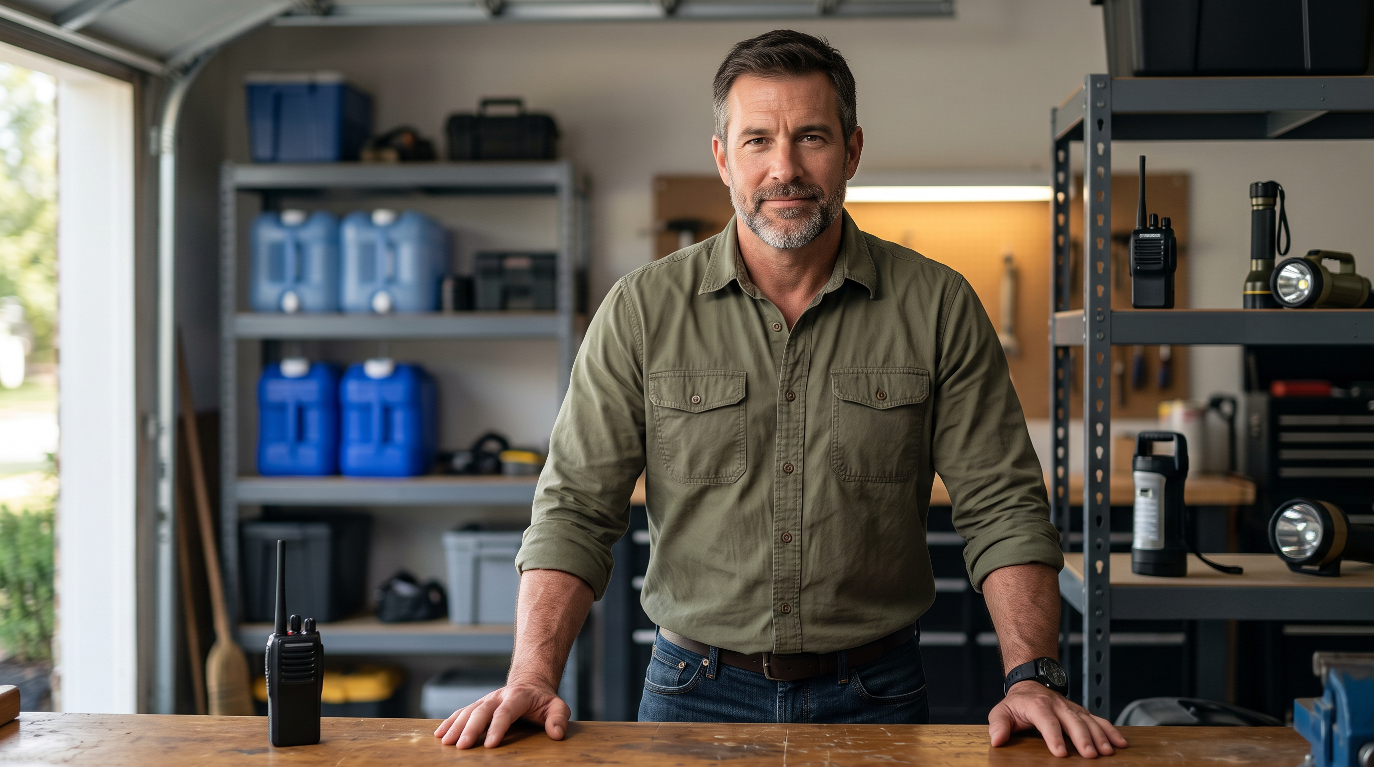 Prepper Joe at his workshop bench, with water containers, radios, and emergency supplies behind him